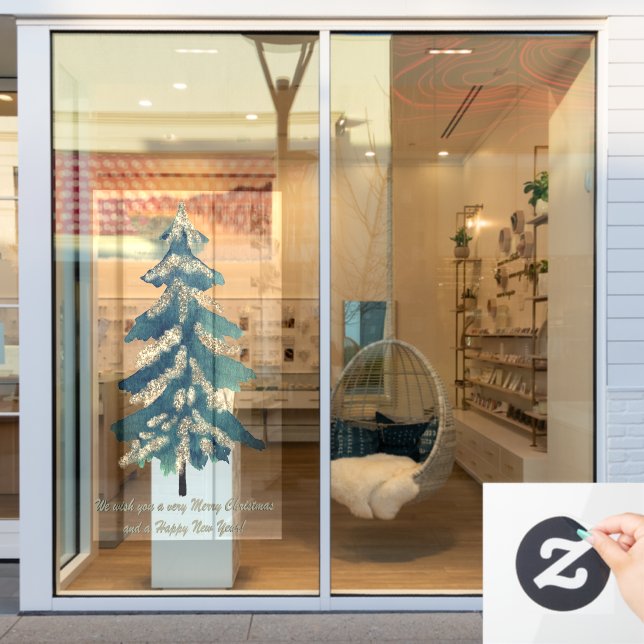 Green Golden Watercolor Christmas Trees Window Cling (Store Window)