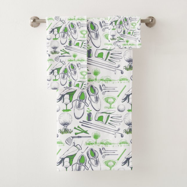 Green Golf Icons Pattern Bath Towel Set (Insitu)