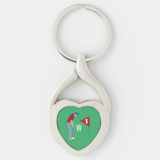 Green Golfer Putting Ball Heart Shaped Key Ring (Front)