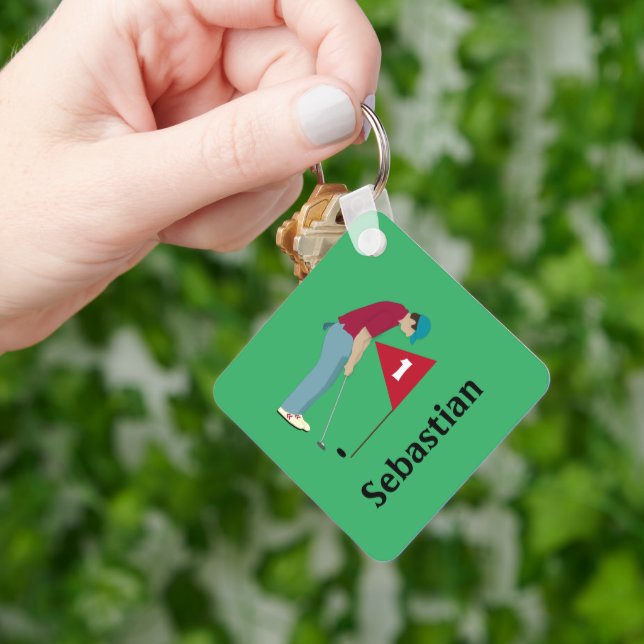 Green Golfer Putting Ball Square Key Ring (Hand)