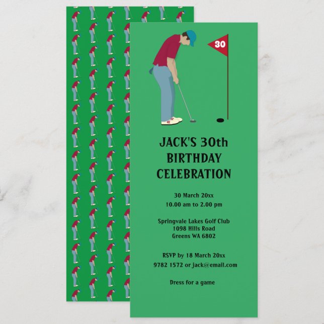Green Golfer Putting Golf Ball Themed Invitation (Front/Back)