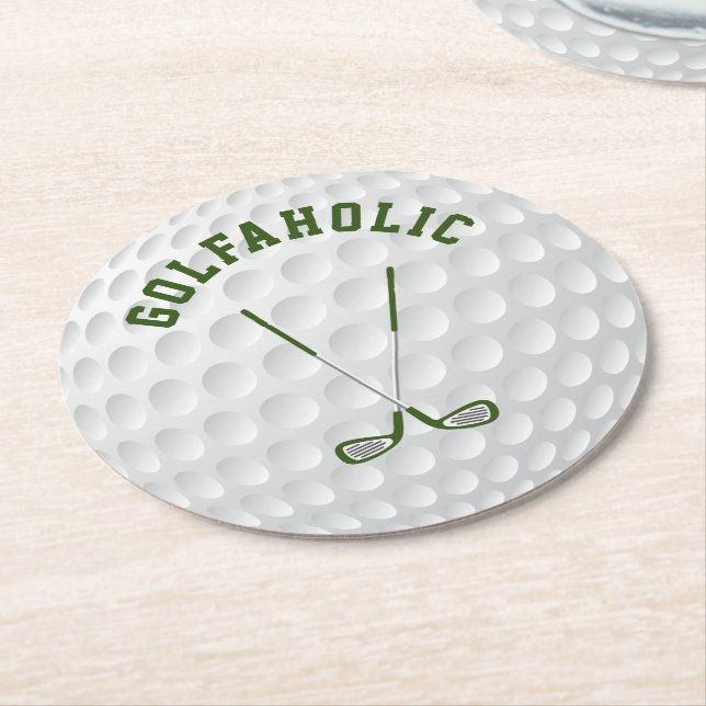 Green golfing crossed clubs custom text round paper coaster (Angled)
