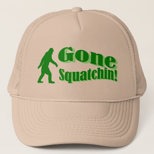 Green gone squatchin slogan text trucker hat (Front)