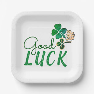 Green Good Luck Four Leaf Clover Shamrock  Paper Plate