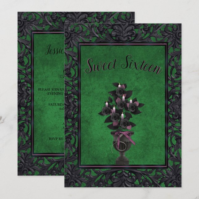 Green Gothic Frame Black Rose & Candles Sweet 16 Invitation (Front/Back)
