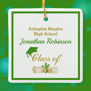 Green Grad Cap and Diploma Ceramic Ornament