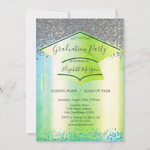 Green Grad Cap,Diamonds Green Graduation Invitation