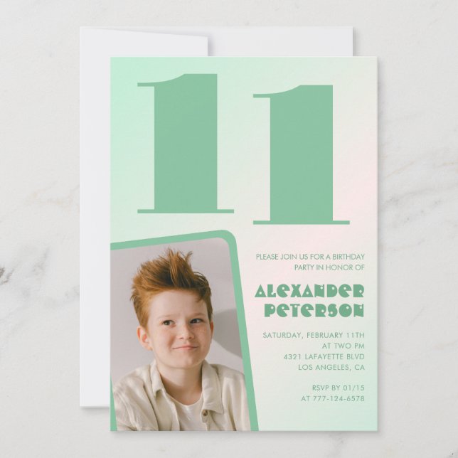 Green gradient 11th birthday invitations Boy Photo (Front)