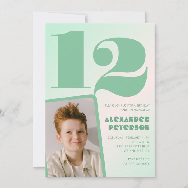 Green gradient 12th birthday invitations Boy Photo (Front)
