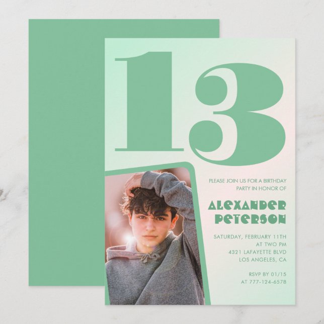 Green gradient 13th birthday invitations Boy Photo (Front/Back)