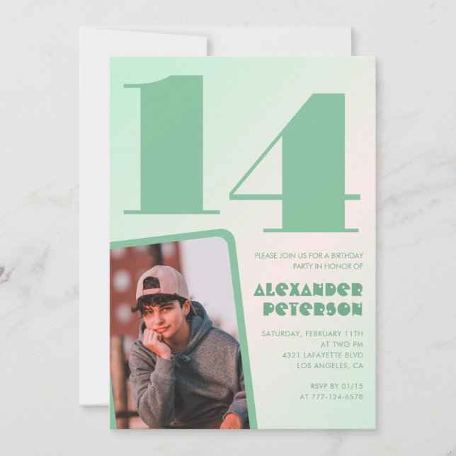 Green gradient 14th birthday invitations Boy Photo (Front)