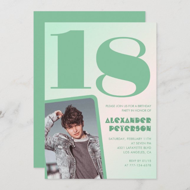 Green gradient 18th birthday invitations Boy Photo (Front/Back)