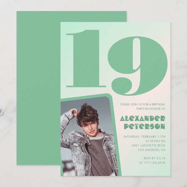 Green gradient 19th birthday invitations Boy Photo (Front/Back)