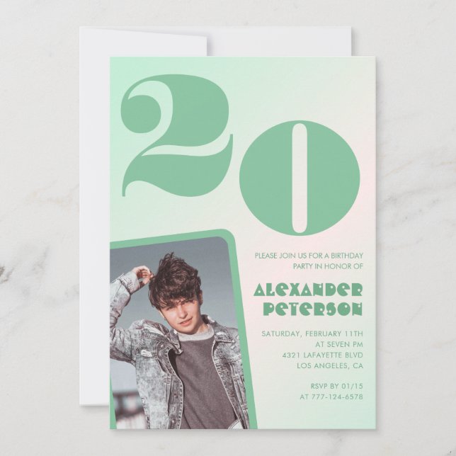 Green gradient 20th birthday invitations Boy Photo (Front)