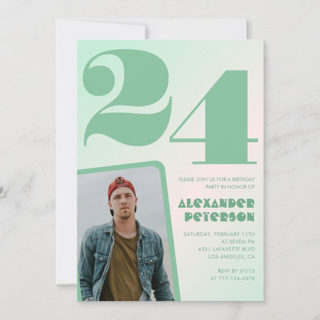 Green gradient 24th birthday invitations Boy Photo (Front)