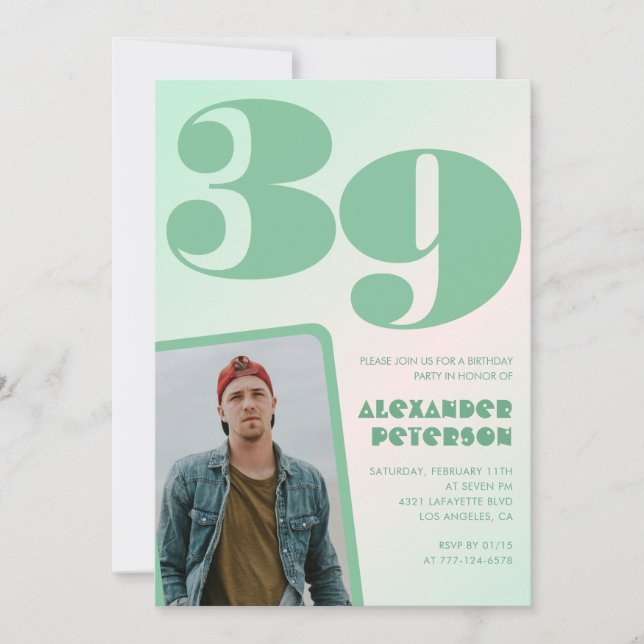 Green gradient 39th birthday invitations Boy Photo (Front)