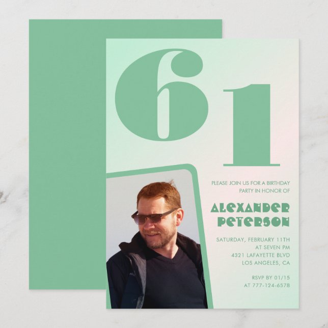 Green gradient 61st birthday invitations Boy Photo (Front/Back)