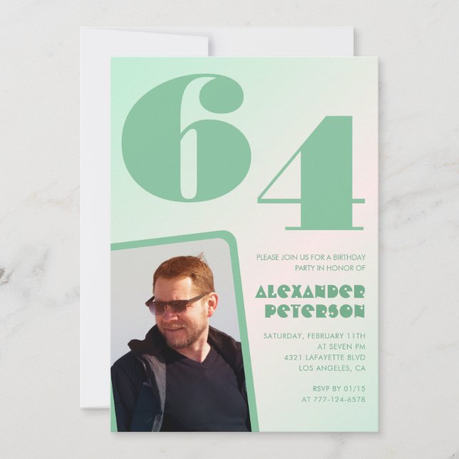 Green gradient 64th birthday invitations Boy Photo (Front)