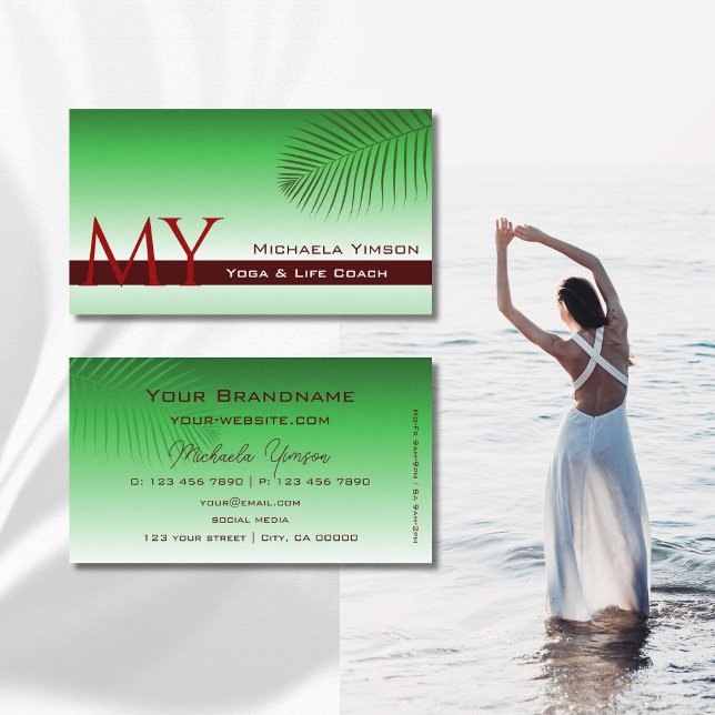 Green Gradient with Palm Leaf and Monogram Simple Business Card (Creator Uploaded)