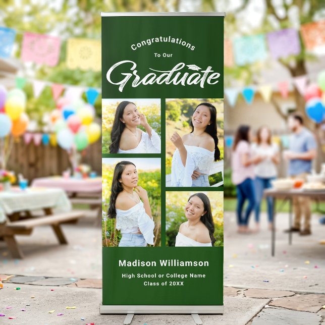 Green Graduate 4 Photo Collage Bold Modern Script Retractable Banner (Creator Uploaded)