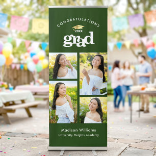 Green Graduate 4 Photo Collage Gold Cap Bold Type Retractable Banner
