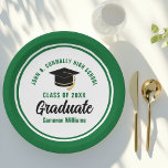 Green Graduate Customisable Graduation Party Paper Plate<br><div class="desc">These modern green and white custom graduation party plates feature classy typography of your university or college name for the class of 2025. Customise with your graduating year next to the chic handwritten script and black grad cap for great personalised congratulations graduate party decor.</div>