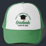 Green Graduate Customisable Graduation Trucker Hat<br><div class="desc">These modern green custom senior graduate hats feature your high school or college name for the class of 2025. Customise with your graduating year under the chic handwritten script and black grad cap for a great personalised graduation party favour gift.</div>