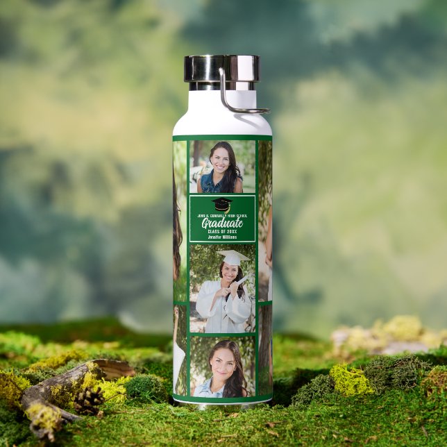 Green Graduate Photo Collage Modern Graduation Water Bottle (Outdoor)