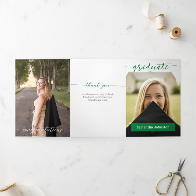 Green Graduate Script Modern Three Photo Tri-Fold Invitation (Outside)