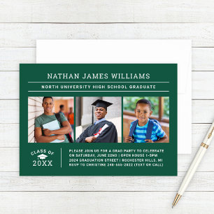 Green Graduate Three Photo Graduation Party Invitation