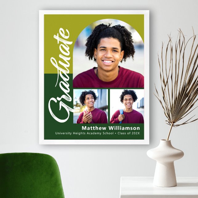 Green Graduation 3 Photo Bold Arch Script Modern Poster (Creator Uploaded)