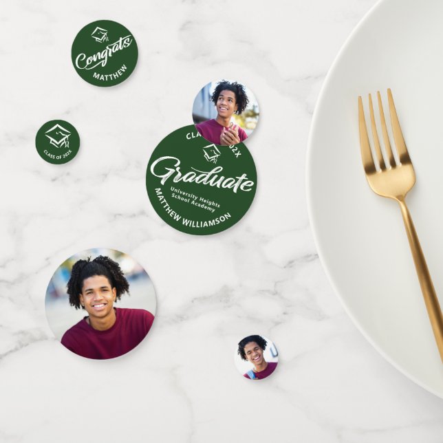 Green Graduation 3 Photo Bold Script Cap Minimal Confetti (Group)