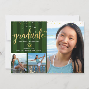 Green graduation 3 photo gold glitter script chic invitation