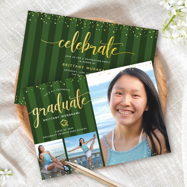 Green graduation 3 photo gold glitter script chic invitation (Creator Uploaded)