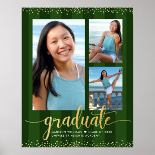 Green Graduation 3 Photo Gold Glitter Script Chic Poster