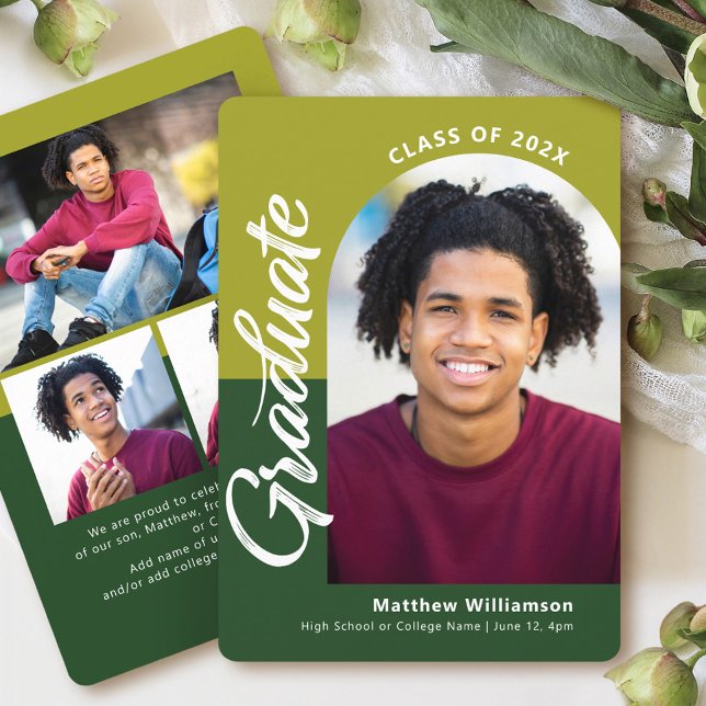 Green Graduation 4 Photo Bold Arch Script Modern Announcement (Creator Uploaded)