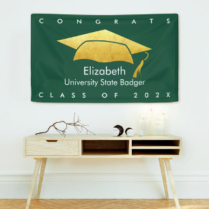 Green Graduation Bold Modern Simple Gold Cap Banner