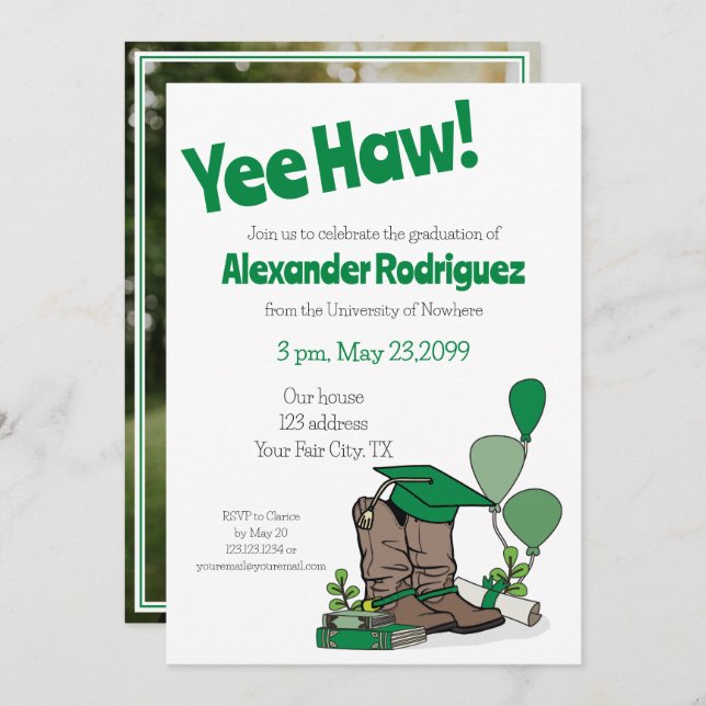 Green Graduation Cap Cowboy Boot Arrangement Invitation (Front/Back)