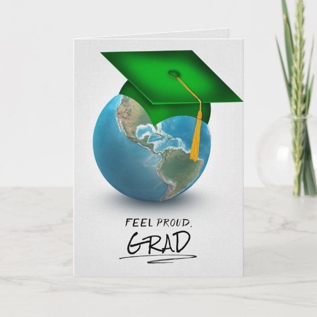 green graduation cap on globe card (Front)