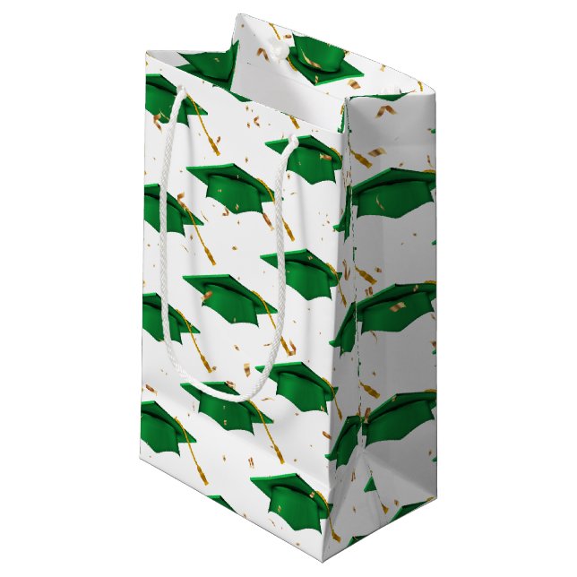 Green Graduation Cap with Confetti   Small Gift Bag (Front Angled)