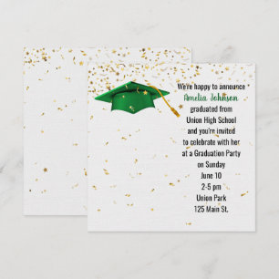 Green Graduation Cap with Gold Confetti Invitation