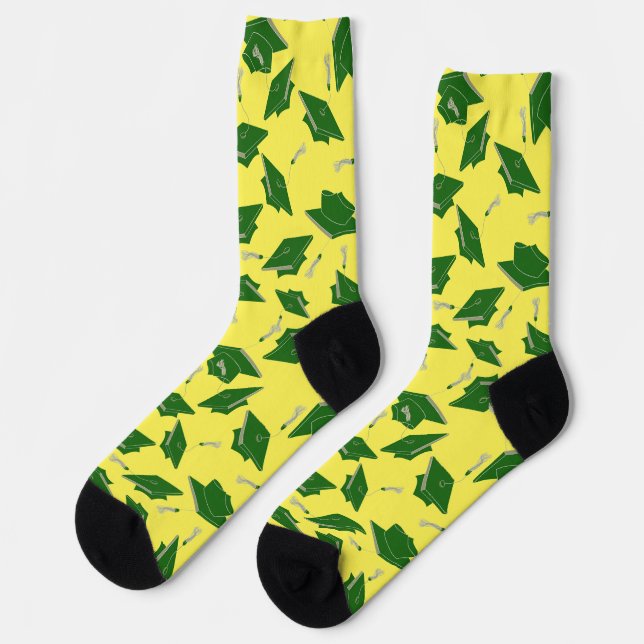 Green Graduation Caps 0n Yellow Grad Party Outfit Socks (Left)