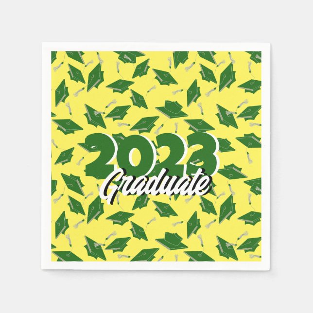 Green Graduation Caps Tossed in the Air on Yellow Napkin (Front)