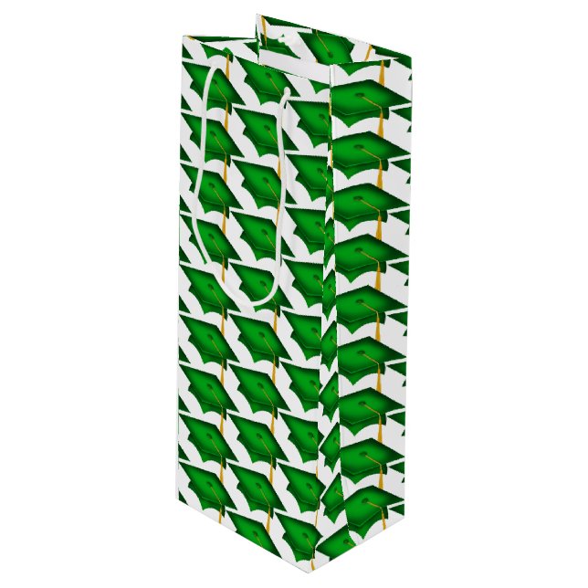 green graduation caps with gold tassel wine gift bag (Front Angled)