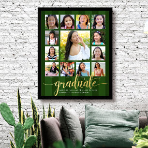 Green Graduation K–12 Photo Collage Gold Script Poster