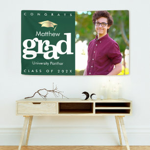 Green graduation photo gold cap modern bold simple banner