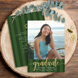 Green graduation photo gold glitter script modern invitation