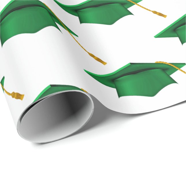 Green Graduations Caps on White Wrapping Paper (Roll Corner)