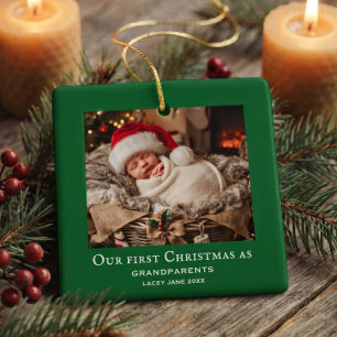 Green Grandparents First Christmas Baby Photo Ceramic Ornament