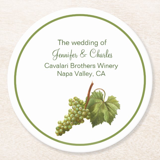 Green Grape Cluster Winery Wedding Round Paper Coaster (Front)